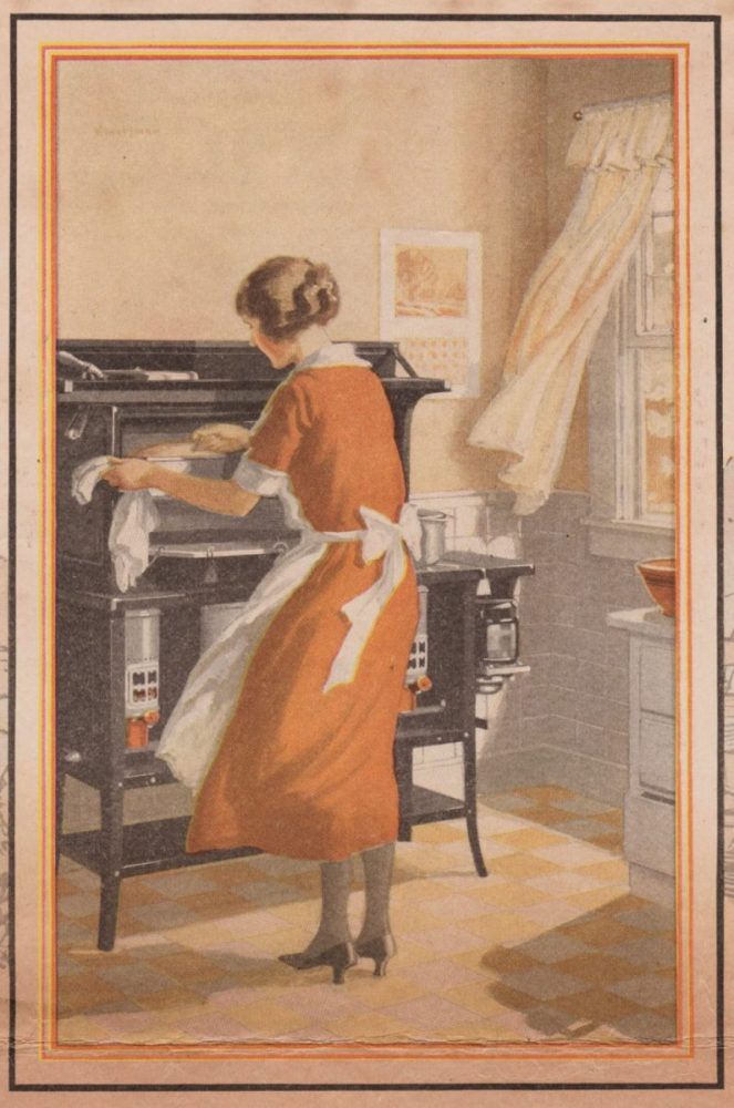 woman cooking at an old-fashioned stove