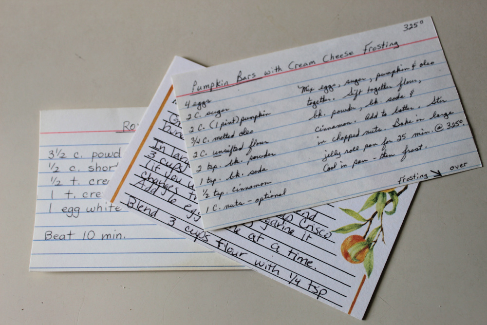 hand-written recipe cards
